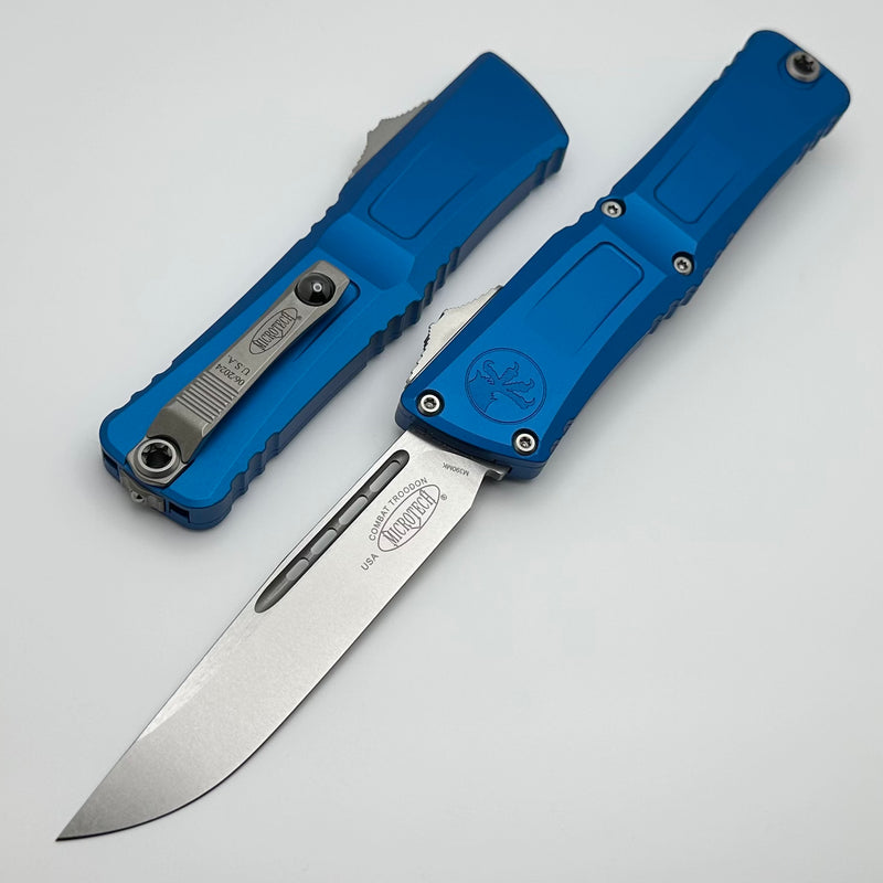 Microtech Knives Combat Troodon Gen III Stonewash Single Edge w/ Blue Handle 1143-10BL