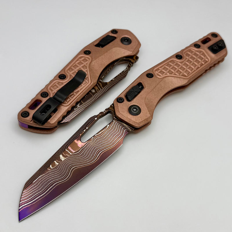 Microtech Marfione Select MSI RAM LOK Copper Frag Handles w/ Purple Accents & Blued Baker Forge Coppermai Damascus 210-16FRMS3