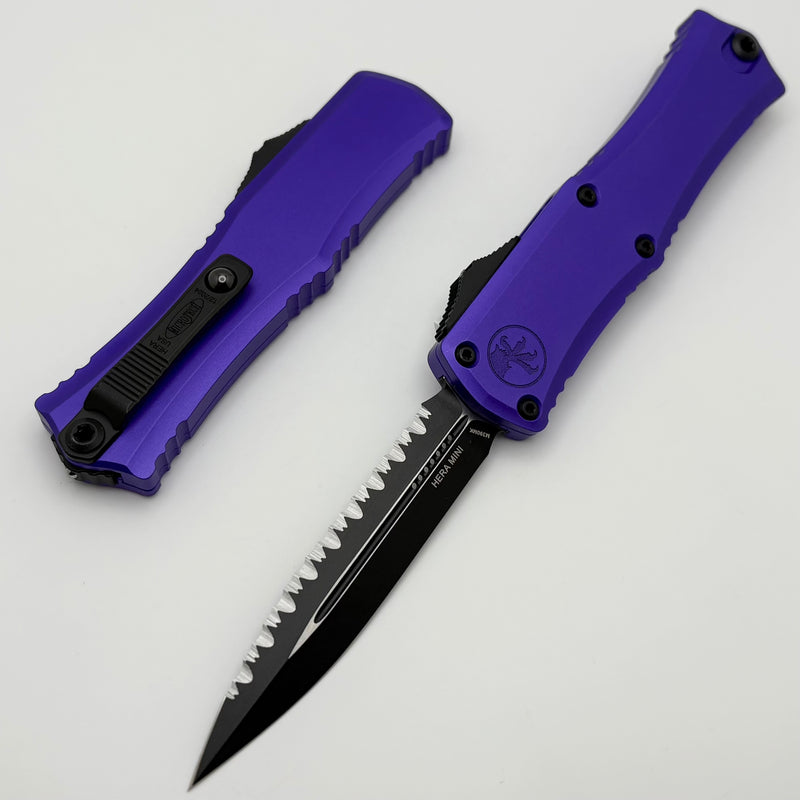 Microtech Knives Mini Hera Black Full Serrated D/E M390MK w/ Purple Handle 1702M-3PU