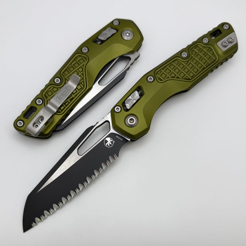 Microtech Knives MSI RAM LOK OD Green Aluminum Frag Handles & Full Serrated Two Tone Black M390MK 210-3FROD