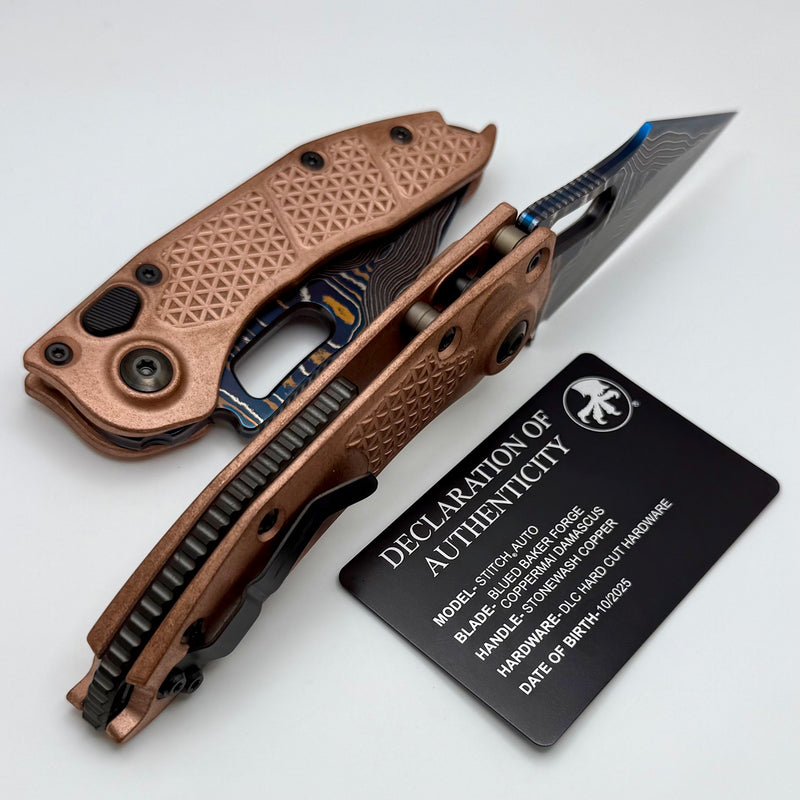 Microtech Marfione Select Borka Auto Stitch Copper Handles & Blued Baker Forge Damascus w/ DLC Hardware 169-16MS2