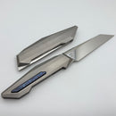 Poikilo Blade Prism Small Midtech Titanium Handles w/ Timascus Accents & Pearlescent Stonewash M398