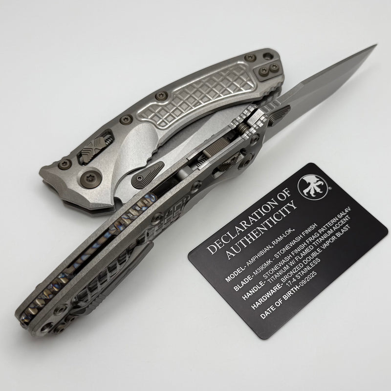 Microtech Marfione Select Amphibian RAM LOK Titanium Frag Handles & Stonewash M390MK w/ Double Vapor Blast & Flamed Accents 137RL-10FRMS4
