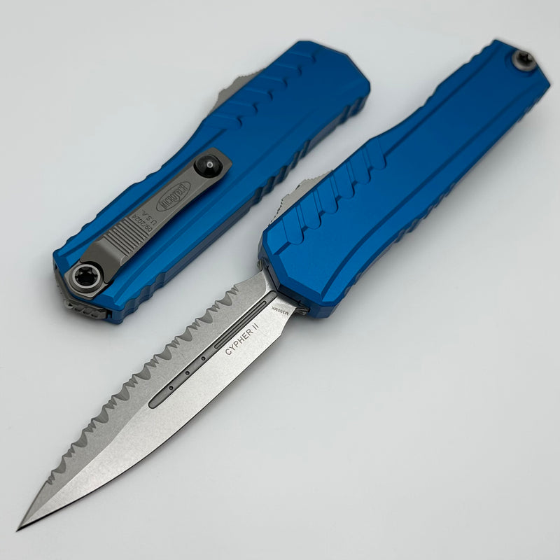 Microtech Cypher II D/E Full Serrated Stonewash w/ Blue Handle 1242-12BL