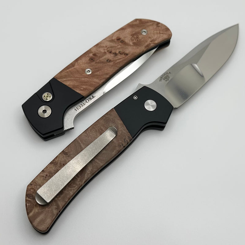 Pro-Tech ATCF Black Aluminum Handles w/ Maple Burl Inlays & Mosaic Button w/ Hand Ground Blade 2024 ATCF Custom 004