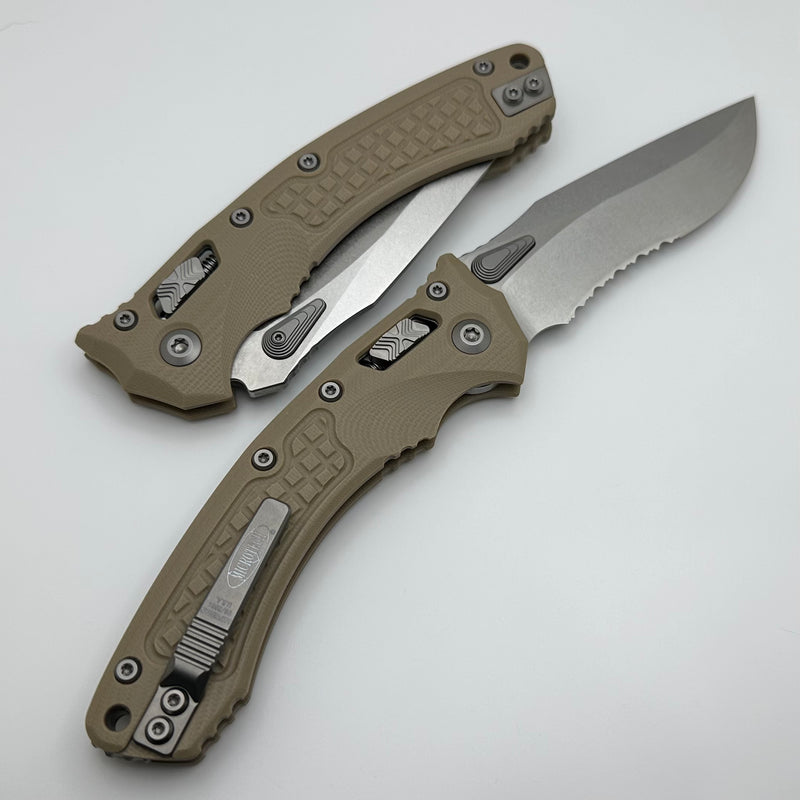 Microtech Amphibian RAM LOK Tan Frag G-10 & Partial Serrated Stonewash M390MK 137RL-11FRGTTA