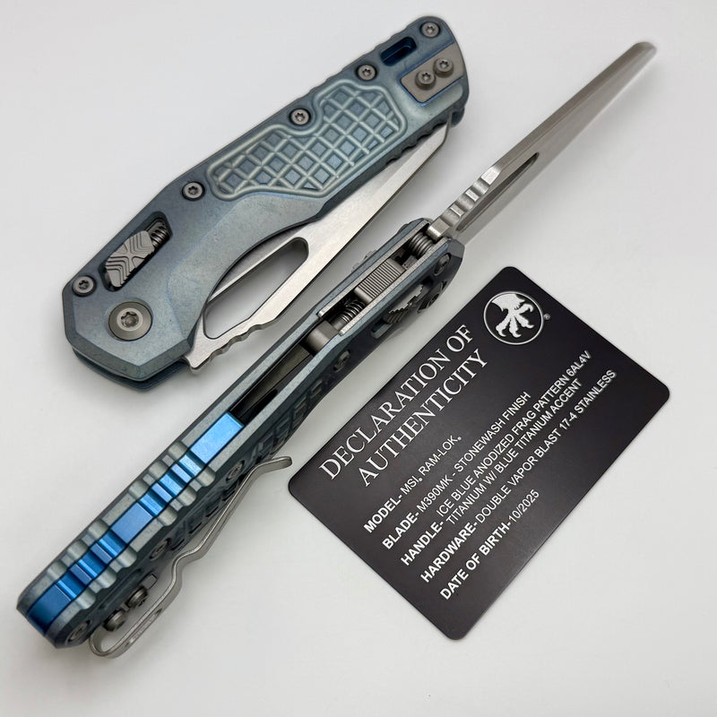 Microtech Marfione Select MSI RAM LOK Ice Blue Frag Titanium Handles w/ Purple Accents & Stonewash M390MK 210-10FRMS6