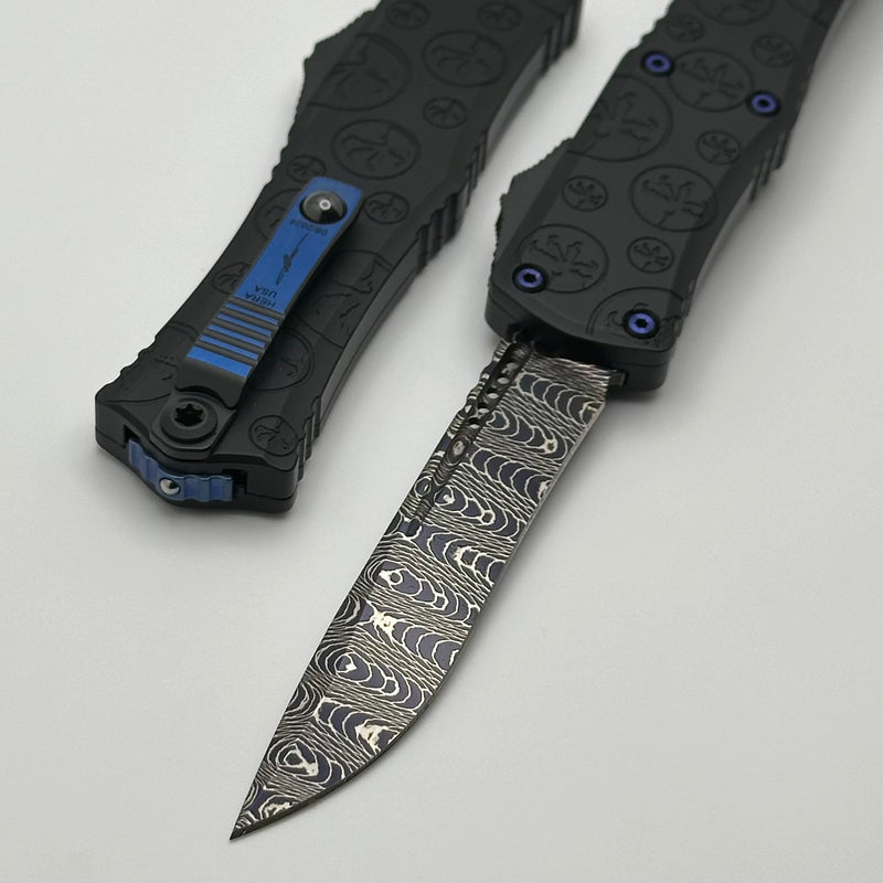 Microtech Knives Hera II Mini Vegas Forge Blued Spirograph Damascus Recurve & Deep Engraved Claw Burst Handle w/ Blue Ti Hardware Signature Series 1705M-16MS1