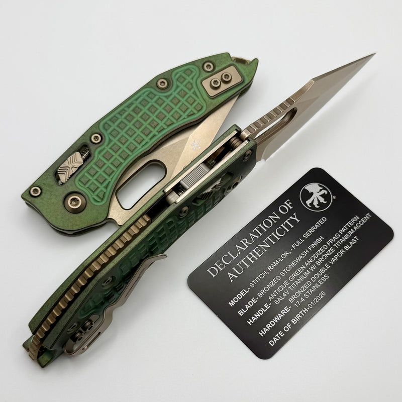 Microtech Marfione Select Manual Stitch RAM LOK Antique Green Frag Tit
