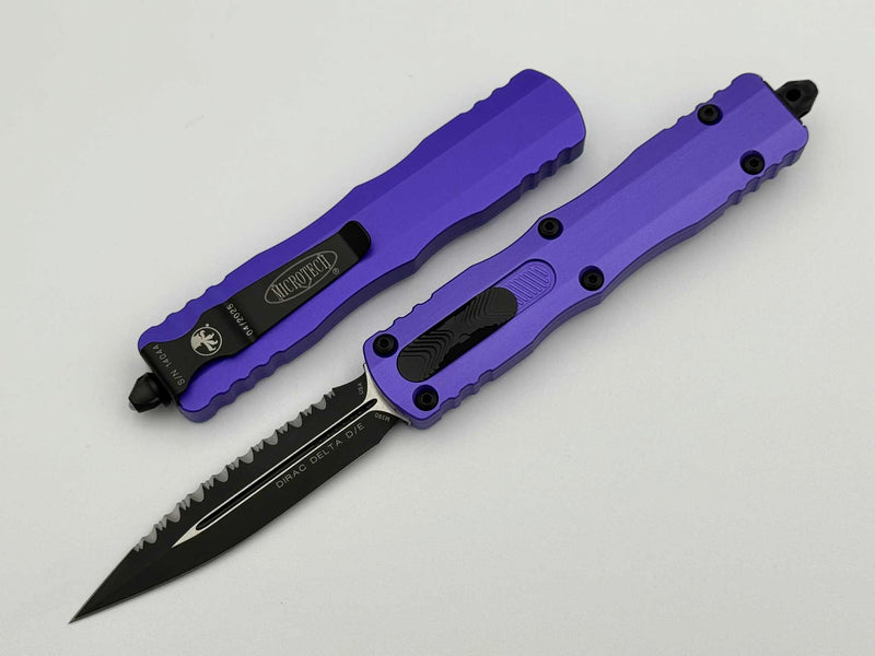Microtech Dirac Delta Purple Handle w/ D/E Black Full Serrated 227-3PU