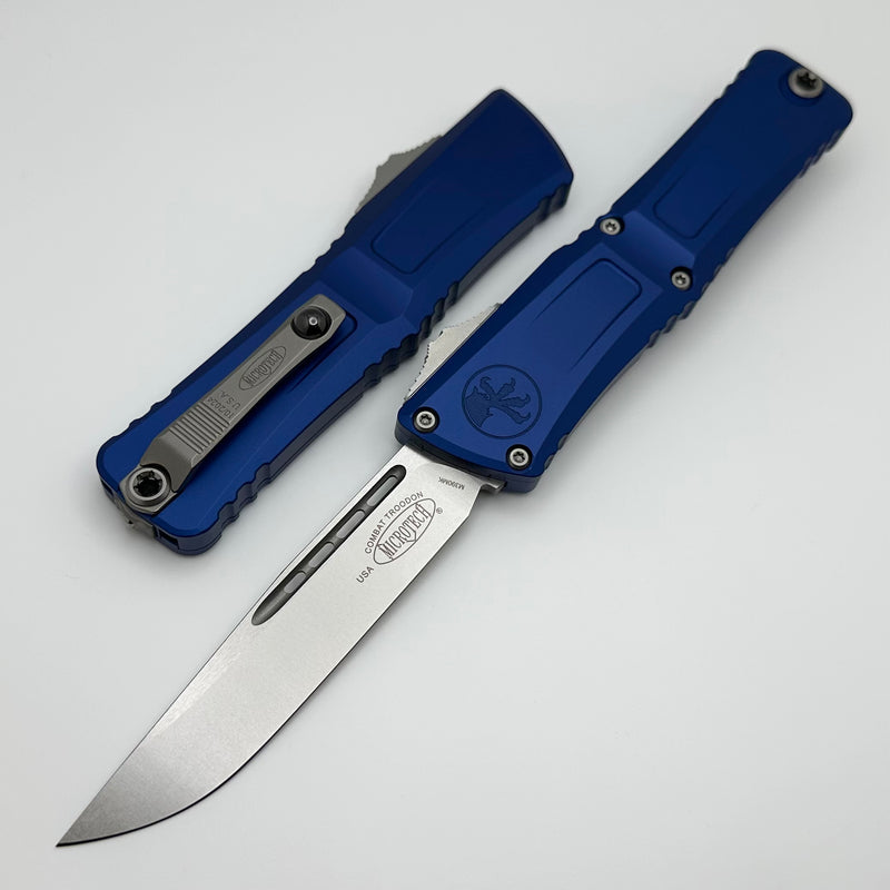 Microtech Knives Combat Troodon Gen III Stonewash Single Edge w/ Navy Blue Handle 1143-10NA