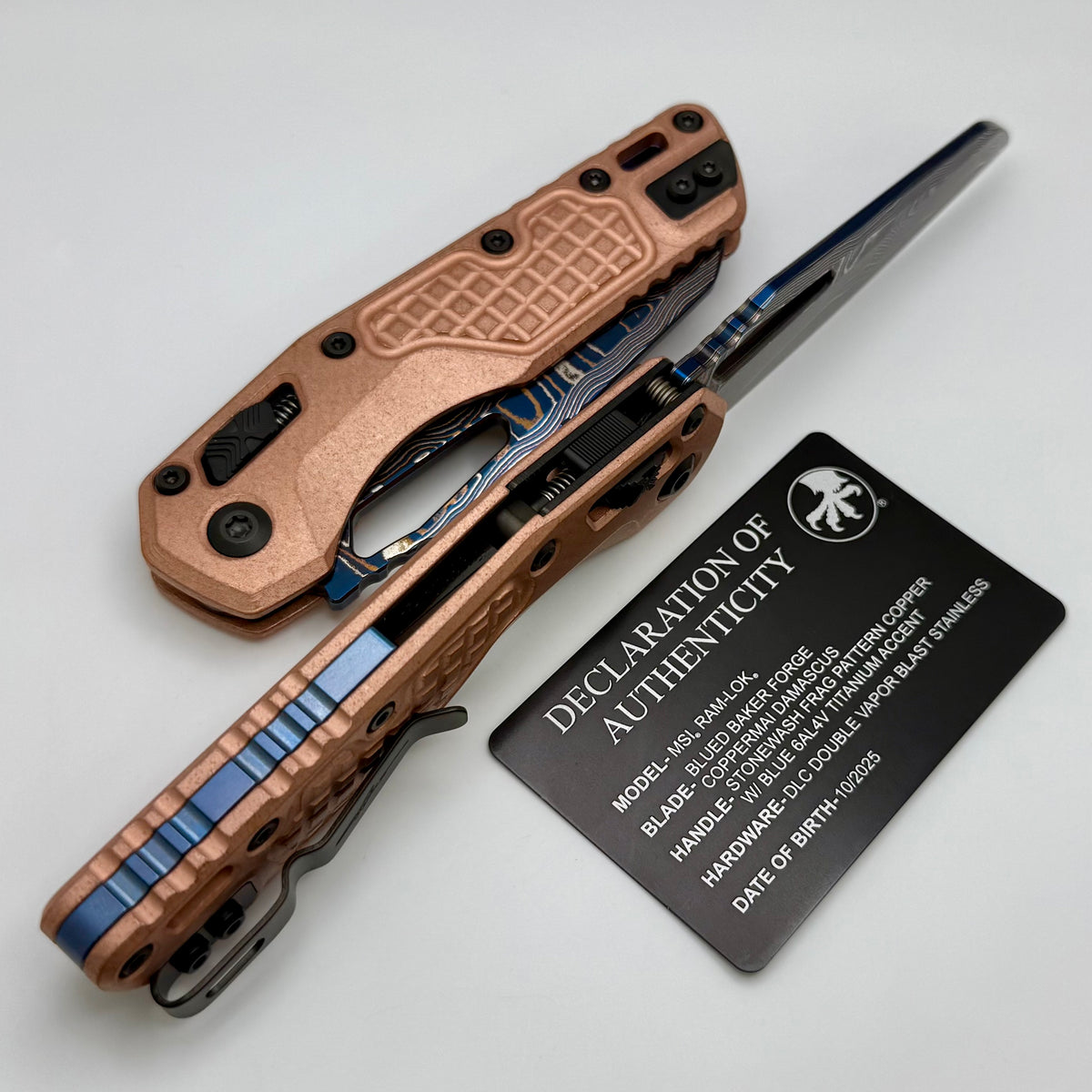 Microtech Marfione Select MSI RAM LOK Copper Frag Handles w/ Blue Acce
