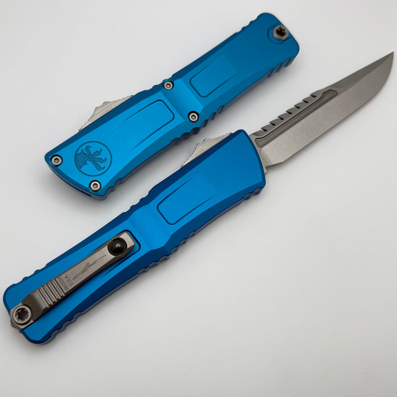 Microtech Knives Combat Troodon Gen III Stonewash Interceptor w/ Blue Handle Signature Series 1217-10BLS