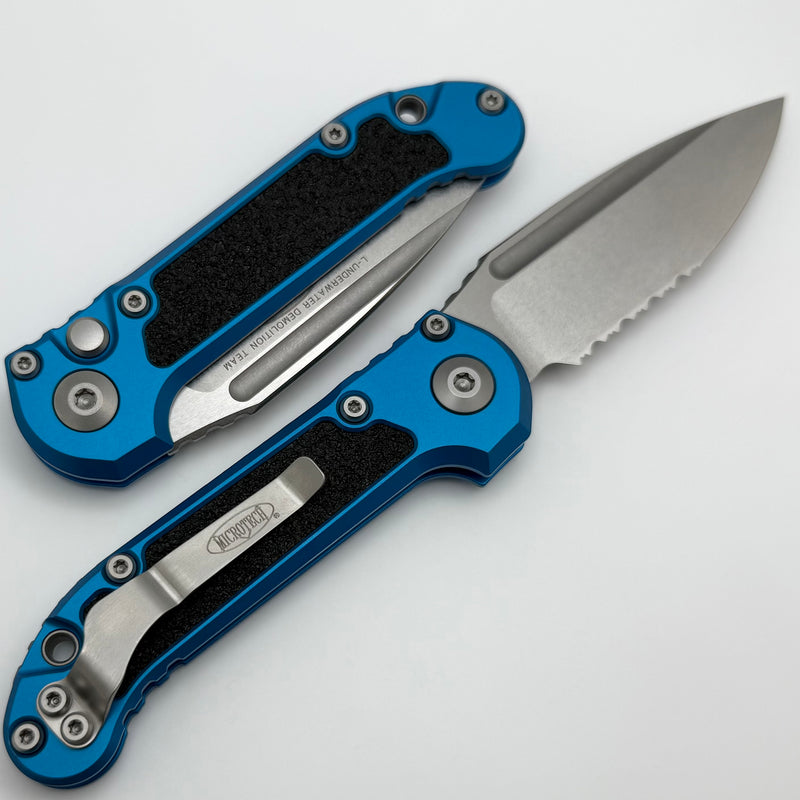 Microtech Knives LUDT Gen III Stonewash Partial Serrated Drop Point w/ Blue Handle 1135-11BL