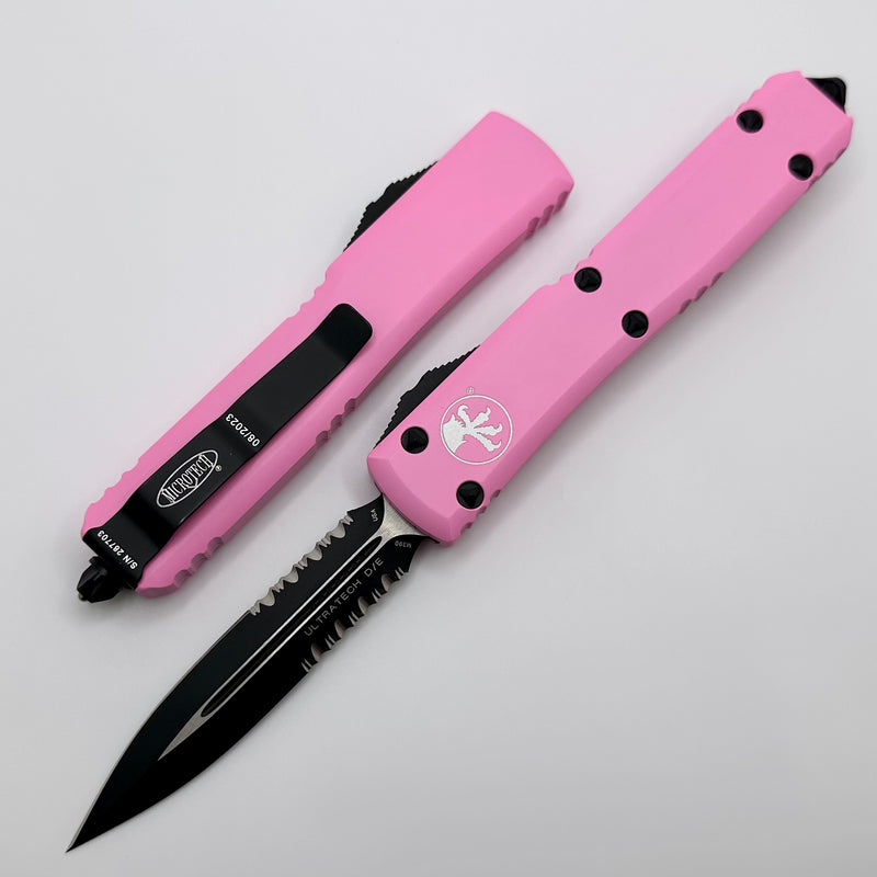 Microtech Ultratech D/E Black Standard Partial Serrated & Blasted Pink 122-2BPK