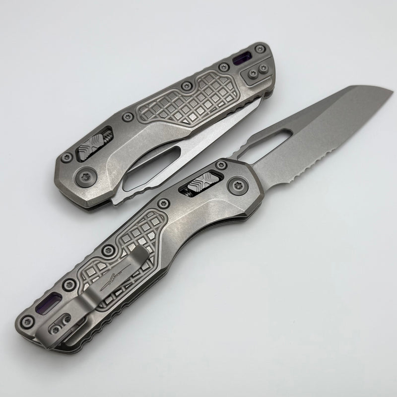 Microtech Marfione Select MSI RAM LOK Frag Titanium Handles w/ Double Vapor Blast & Purple Accents & Part Serrated Stonewash M390MK 210-11FRMS3