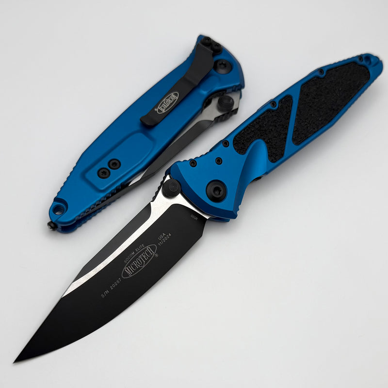 Microtech Socom Elite Manual Black Single Edge w/ Blue Handles 160-1BL