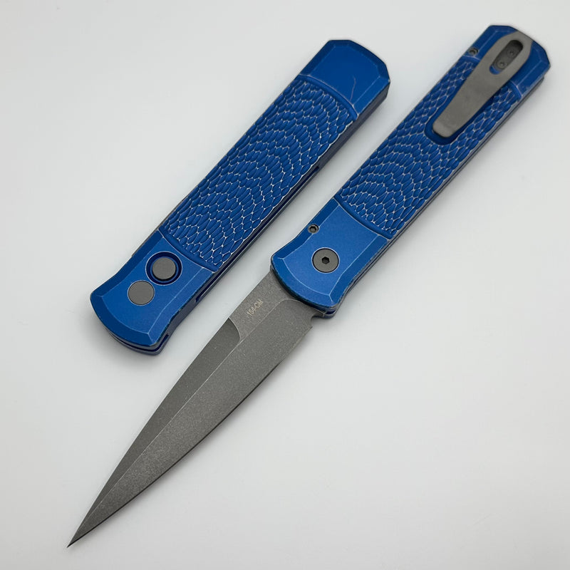 Pro-Tech Godfather Left Handed w/ Battleworn Blue Jigged Handle & Acid Washed 154-CM Blade 926-LHAWBW BLUE