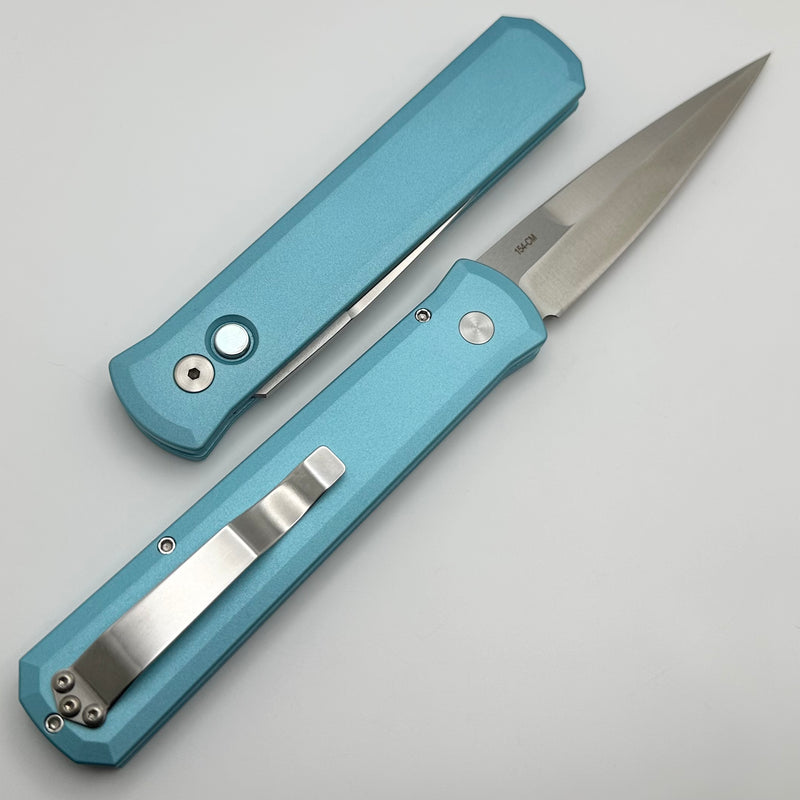 Pro-Tech Godfather Tiffany Blue Handle w/ Pearl Button & Satin 154-CM Blade 921-LTD T.Blue