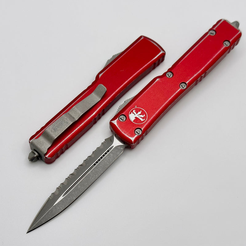 Microtech UTX-70 Appcalyptic D/E Full Serrated & Distressed Red 147-12DRD