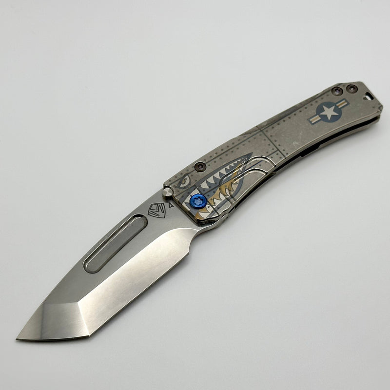 Medford Knife Slim Midi Tumbled Tanto S45 & Tumbled Warthog Rivets Handles w/ Blue Hardware/Clip