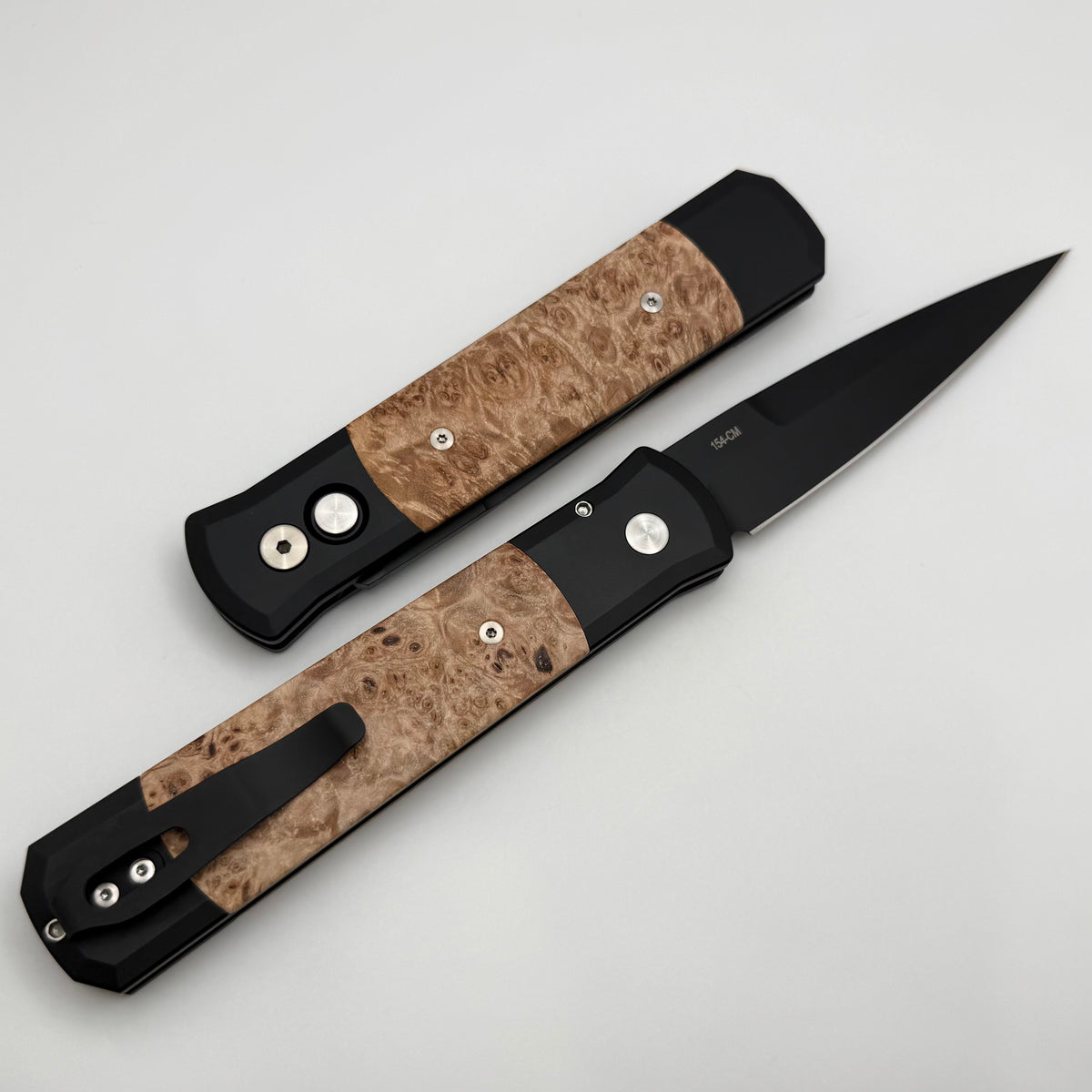 Pro-Tech Godfather Black Handles w/ Maple Burl Inlays & DLC 154-CM Bla