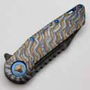 Marfione Custom Knives Warhound Flamed Barked Titanium w/ Blue Ti Hardware & Vegas Forge Stainless Reptilian Damascus Pattern