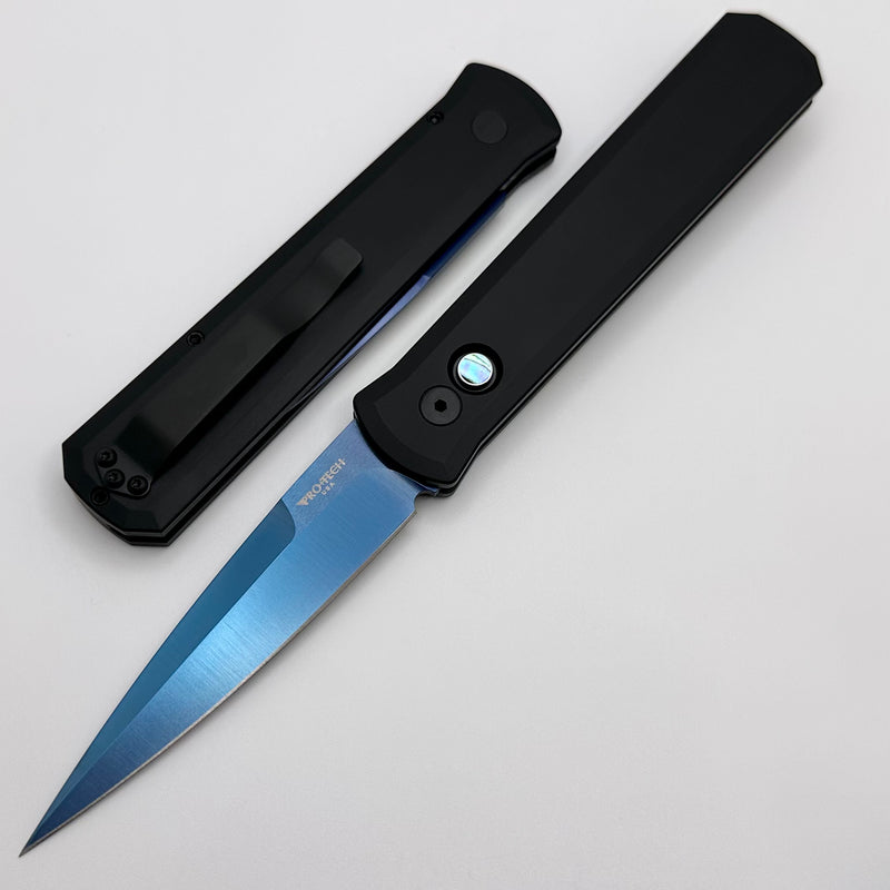 Pro-Tech Godfather Black Handle w/ Abalone Button & Satin Sapphire Blue 154-CM Blade 921 SB