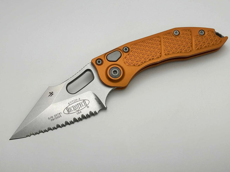 Microtech Borka Stitch Auto w/ Orange Handles & Full Serrated Stonewash 169-12OR