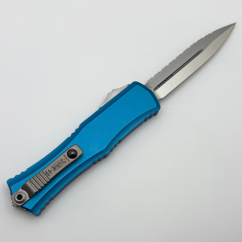 Microtech Knives Mini Hera Satin D/E Full Serrated M390MK w/ Blue Handle 1702M-6BL