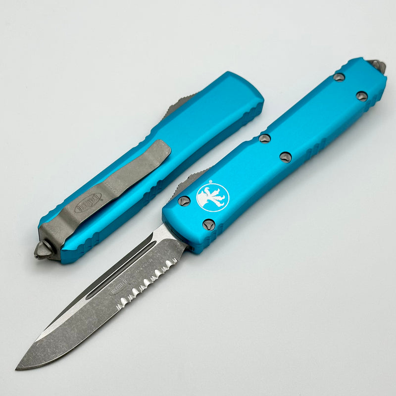 Microtech Models Size Microtech Ultratech Single Edge Apocalyptic Partial Serrated & Turquoi