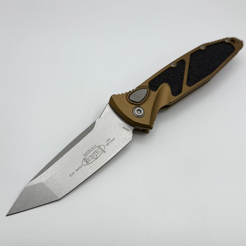 Microtech Socom Elite Auto Tan Handle w/ Stonewash Tanto 161A-10TA