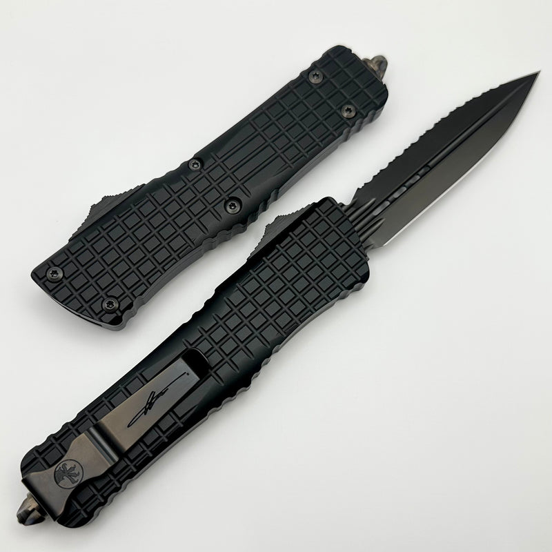 Microtech Combat Troodon Delta Frag Shadow Fluted DLC Full Serrated Double Edge w/ Carbon Fiber Button & Flamed Breaker 142-3CT-DSH