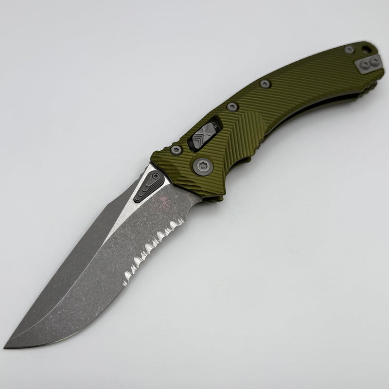 Grenade Blem Microtech Amphibian RAM LOK OD Green Fluted Aluminum & Partial Serrated Apocalyptic M390MK 137RL-11APFLOD