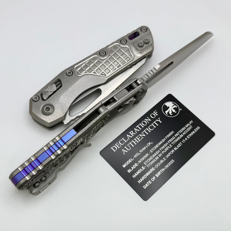 Microtech Marfione Select MSI RAM LOK Titanium Frag Handles w/ Double Vapor Blast & Purple Accents & Stonewash M390MK 210-10FRMS3