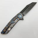 Marfione Custom Knives Warhound Flamed Barked Titanium w/ Blue Ti Hardware & Vegas Forge Stainless Reptilian Damascus Pattern