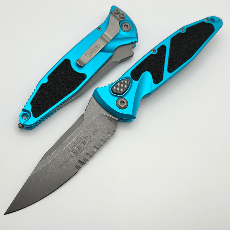 Microtech Socom Elite Auto Turquoise Handles w/ Apocalyptic Single Edge Partial Serrated 160A-11APTQ