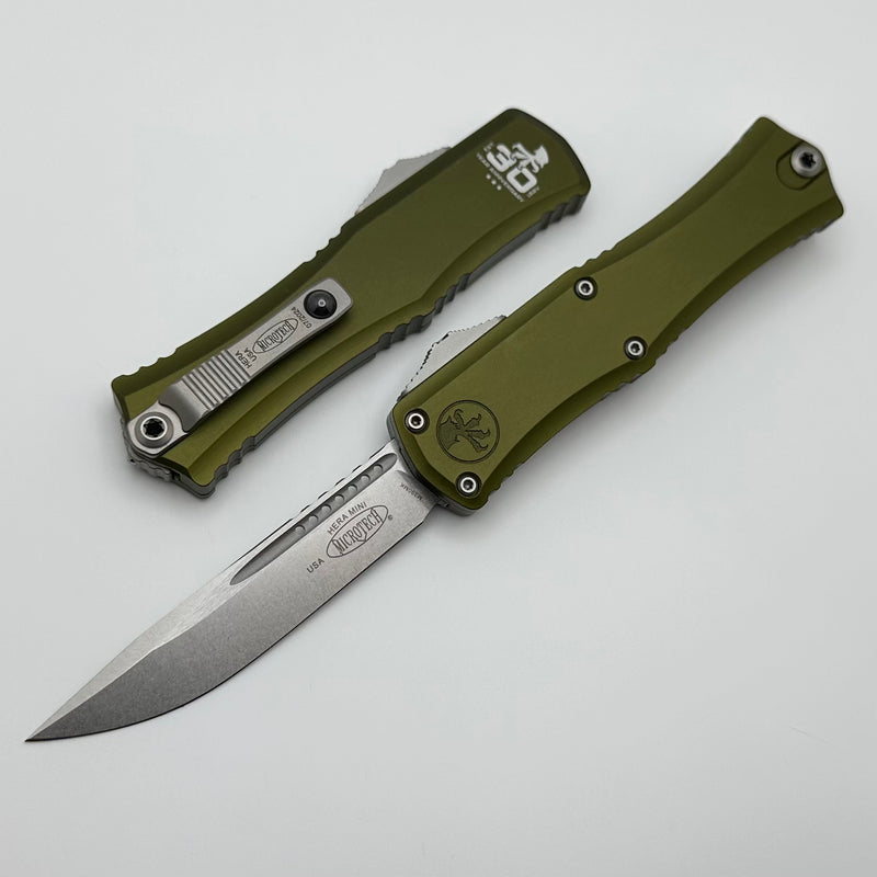 Microtech Knives Mini Hera 30th Anniversary Stonewash S/E M390MK w/ OD Green Handle 1703M-10OD30