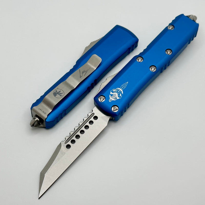 Microtech UTX-85 Warhound Stonewash Standard & Blue Signature Series 719W-10BLS