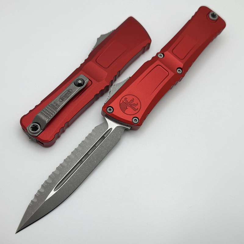 Microtech Knives Combat Troodon Gen III Apocalyptic Full Serrated Double Edge w/ Red Handle 1142-12APRD