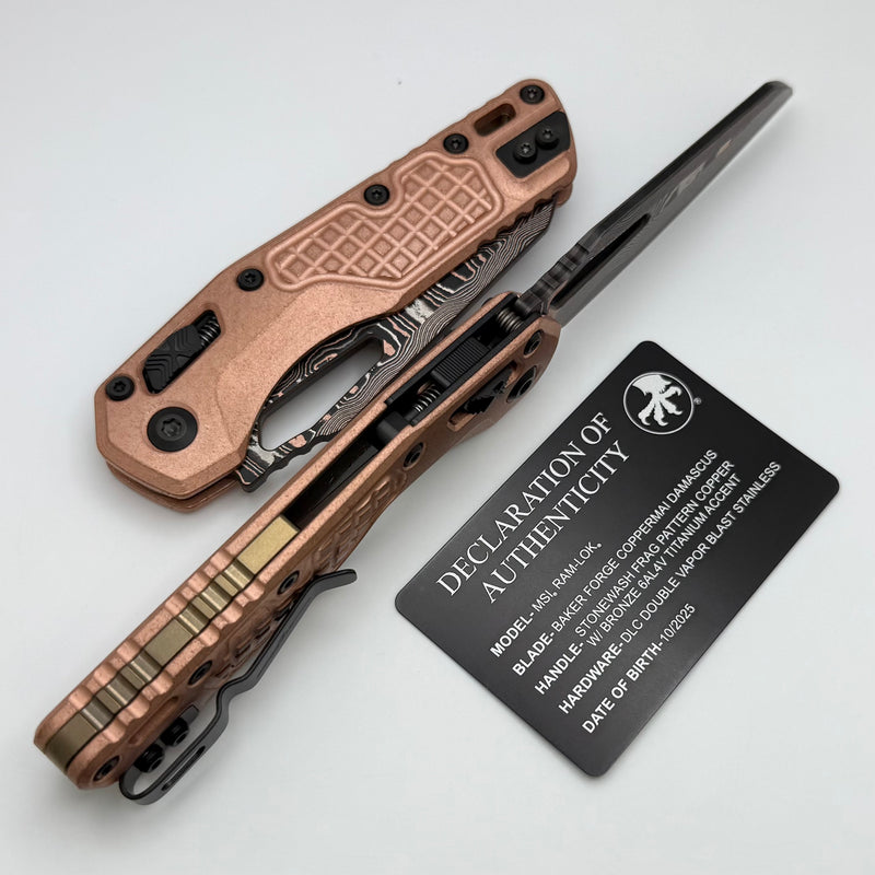Microtech Marfione Select MSI RAM LOK Copper Frag Handles w/ Bronze Accents & Baker Forge Coppermai Damascus 210-16FRMS1