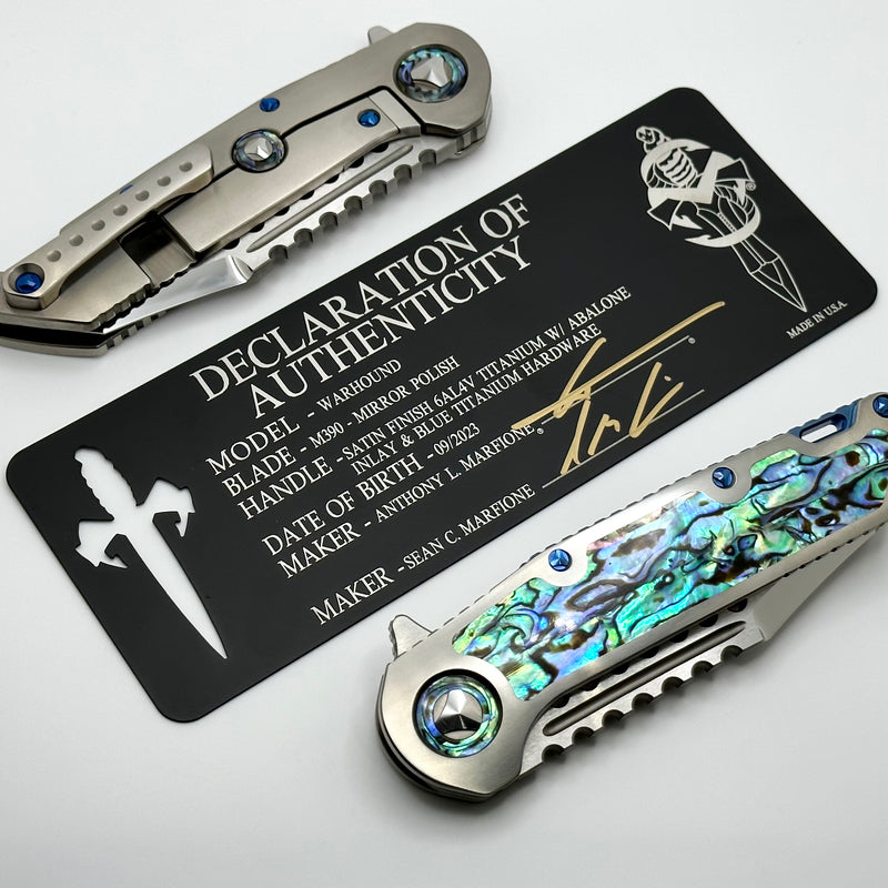 Marfione Custom Knives Warhound Mirror Polish & Abalone Inlaid Satin Titanium Handles w/ Blue Titanium Hardware