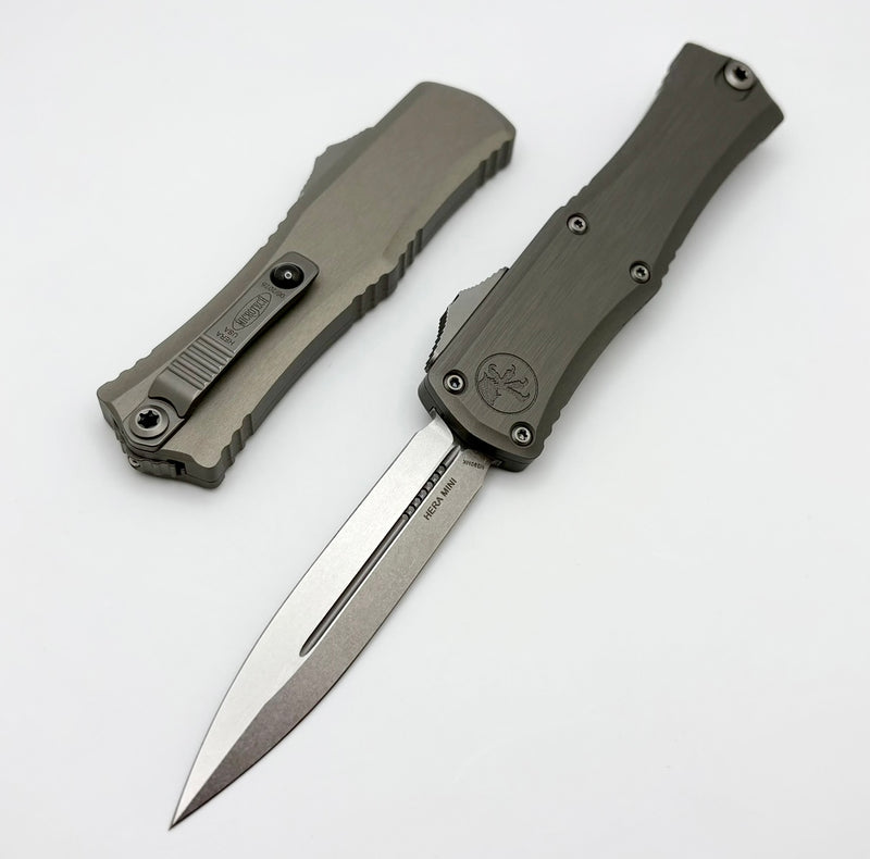 Microtech Knives Mini Hera Stonewash Double Edge M390MK w/ Natural Clear Handle 1702M-10NC