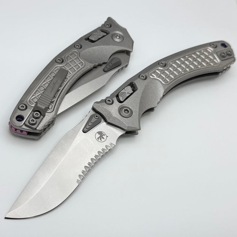 Microtech Marfione Select Amphibian RAM LOK Frag Titanium Handles & Partial Serrated Stonewash M390MK w/ Double Vapor Blast & Purple Accents 137RL-11FRMS3