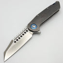 Pre Owned Marfione Custom Knives Warhound Stonewash Titanium w/ Deep Engraved Dagger Relief & Two Tone Stonewash Semi Mirror CTS-204P w/ Blue Accents