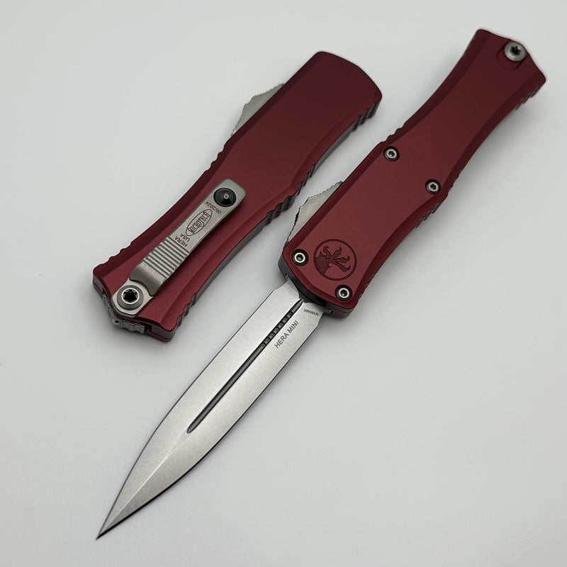 Microtech Knives Mini Hera Stonewash Double Edge M390MK w/ Merlot Handle 1702M-10MR