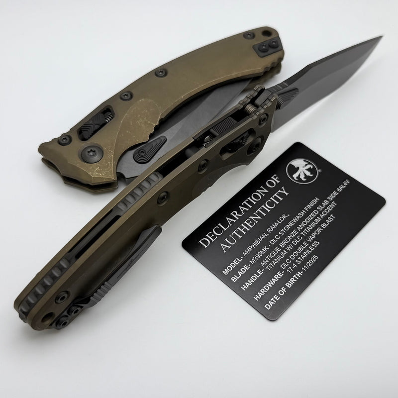 Microtech Marfione Select Amphibian RAM LOK Antique Bronze Slab Side Titanium Handles & DLC M390MK & DLC Accents 137RL-1DLCTMS1