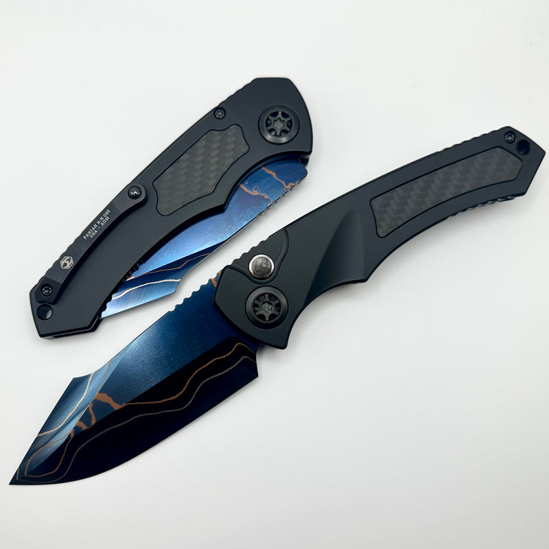 Heretic Knives Pariah Auto Custom Black Aluminum & Carbon Fiber Inlays w/ Blued Baker Forge Elite AuroraMai Damascus