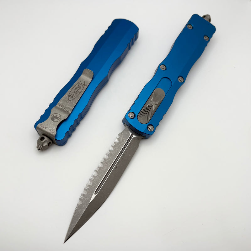 Microtech Dirac Delta D/E Apocalyptic Full Serrated w/ Blue Handles 227-12APBL