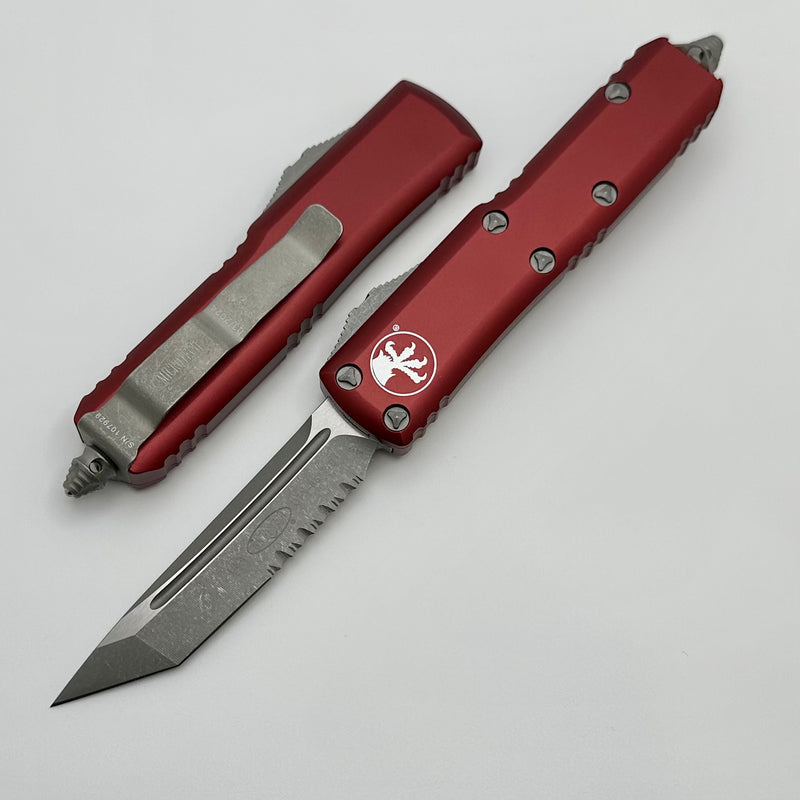 Microtech UTX-85 Tanto T/E Apocalyptic Partial Serrated & Merlot 233-11APMR
